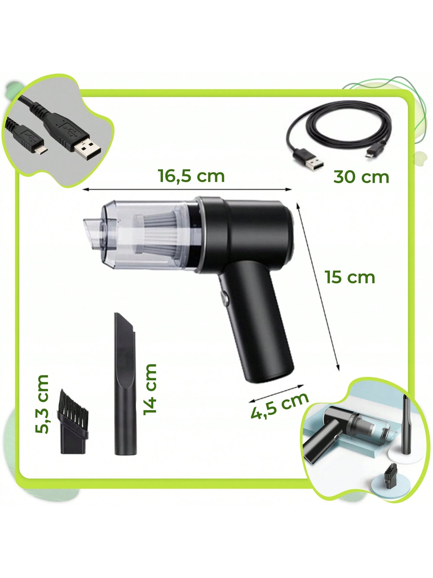 ASPIRADORA DE MANO INALÁMBRICA PARA COCHE, POTENTE, 2 EN 1, para el hogar y el coche. Recargable con doble puerto USB. Aspiradora recargable y plumero.