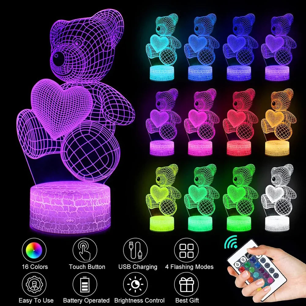 16 Colors Night Light 3D Illusion Teddy Bear Children'S LED Light Romantic Color Changing Light Valentine'S Christmas Day Gift
