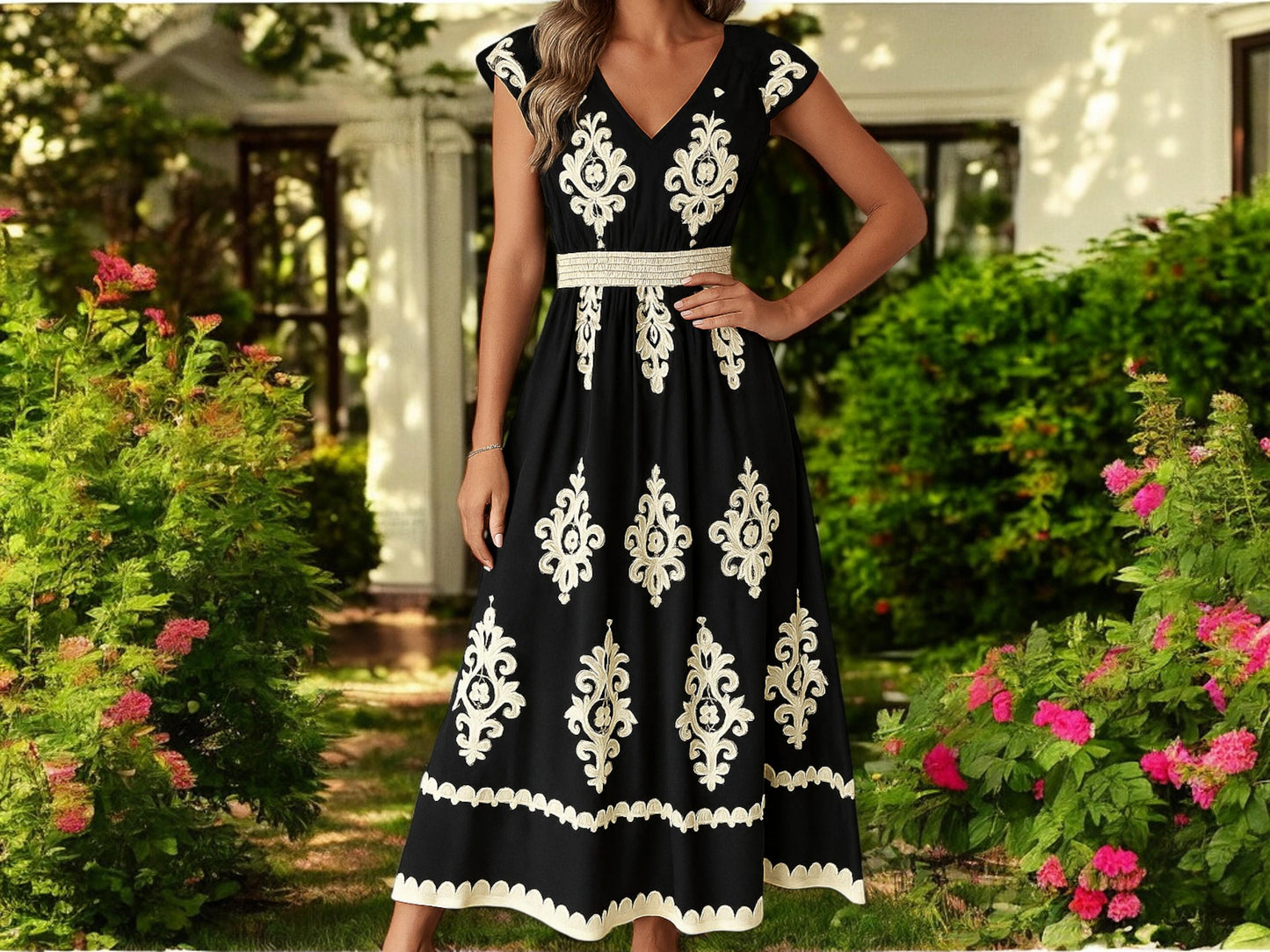 Vestido Maxi Boho en Blanco y Negro – Vestido de Verano con Escote en V, Mangas Cortas y Cintura Fruncida, Elegante Vestido Largo con Estampado Floral Étnico