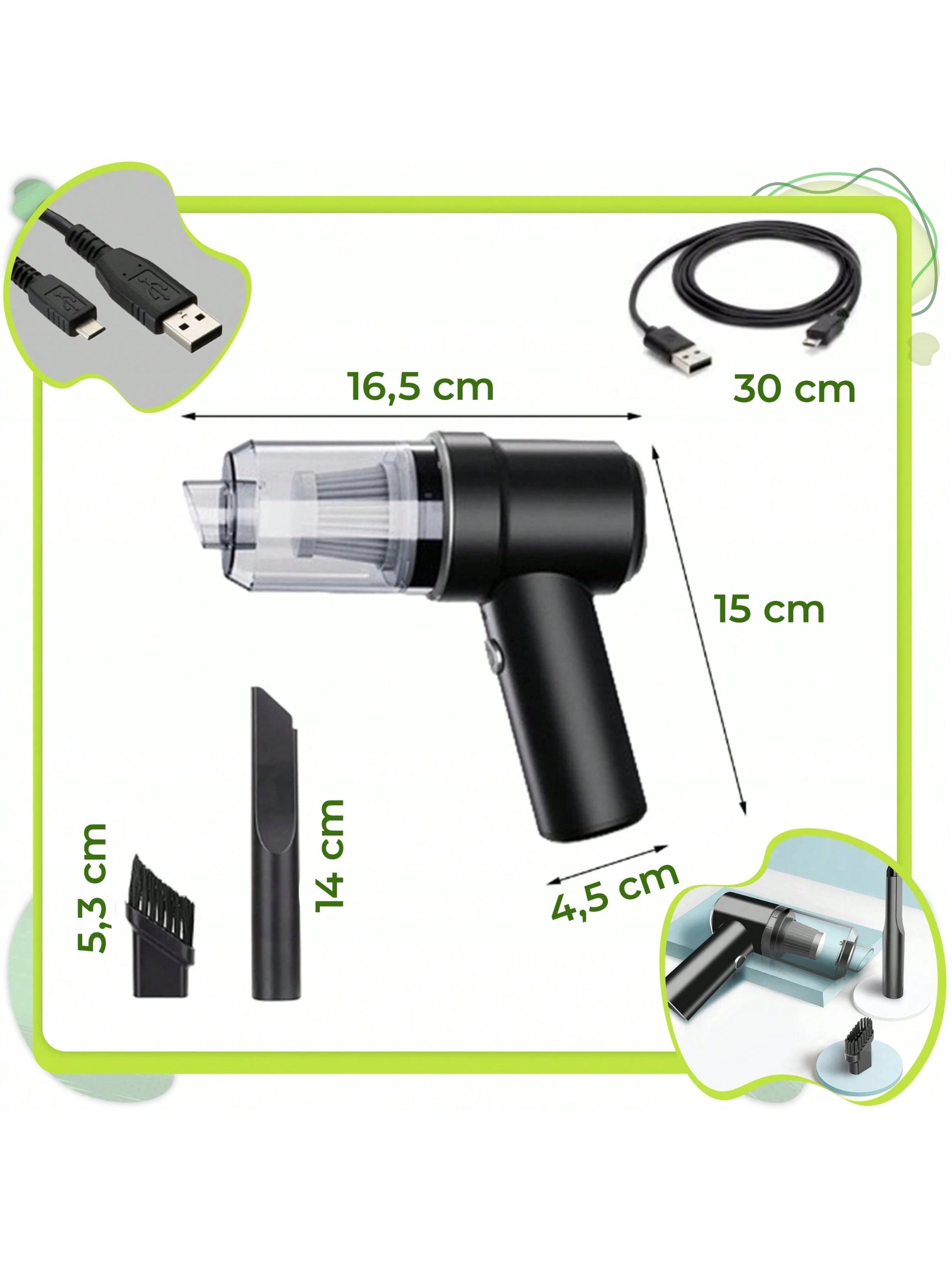 ASPIRADORA DE MANO INALÁMBRICA PARA COCHE, POTENTE, 2 EN 1, para el hogar y el coche. Recargable con doble puerto USB. Aspiradora recargable y plumero.