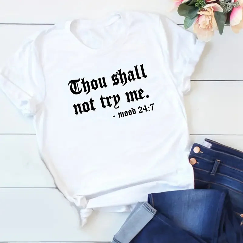 Camiseta informal de talla grande para mujer, con estampado de letras, manga corta, cuello redondo, ligeramente elástica