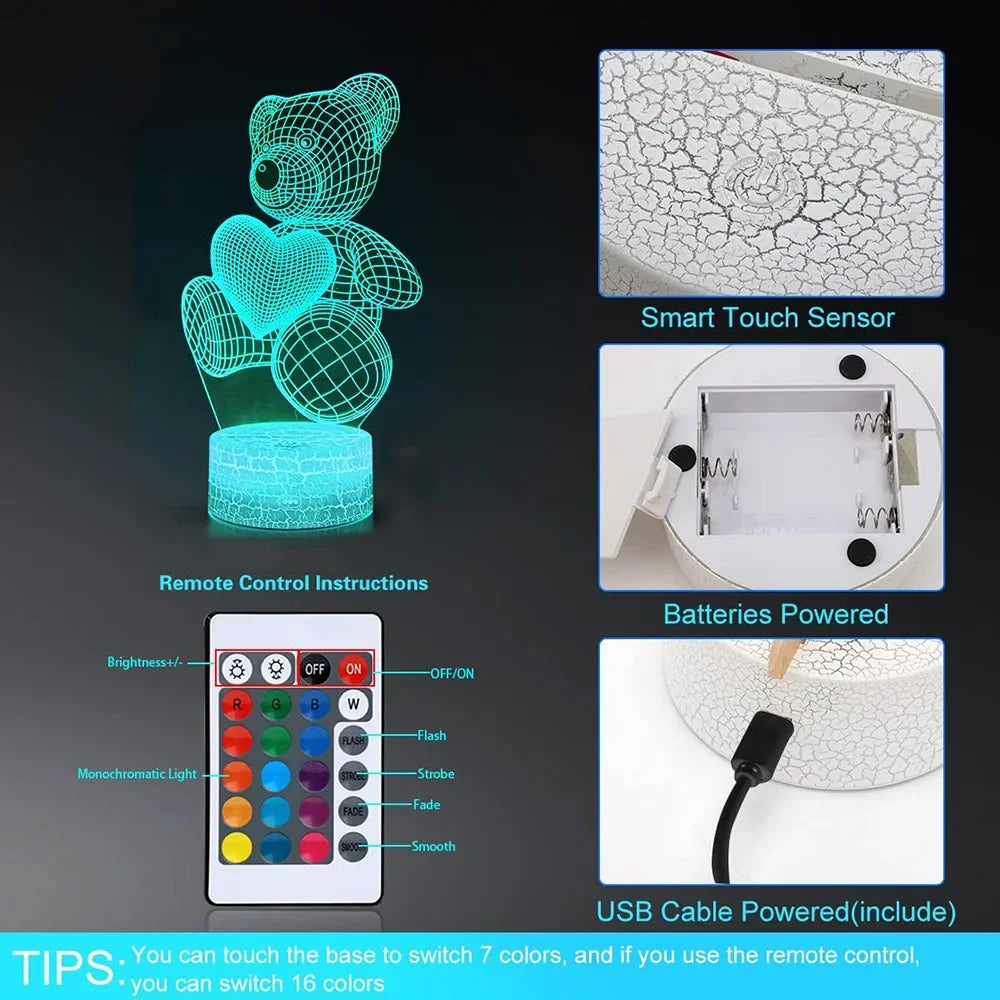 16 Colors Night Light 3D Illusion Teddy Bear Children'S LED Light Romantic Color Changing Light Valentine'S Christmas Day Gift