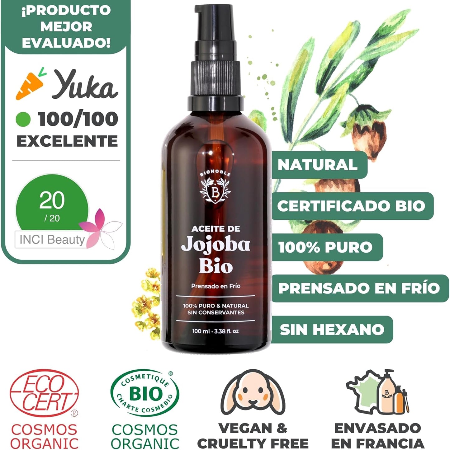 Bionoble Aceite De Jojoba Orgánico 100Ml - 100% Puro, Natural Y Prensado En Frío - Rostro, Cuerpo, Cabello, Barba, Uñas - Vegano Y Cruelty Free - Jojoba Oil - Botella De Vidrio + Pipeta + Bomba