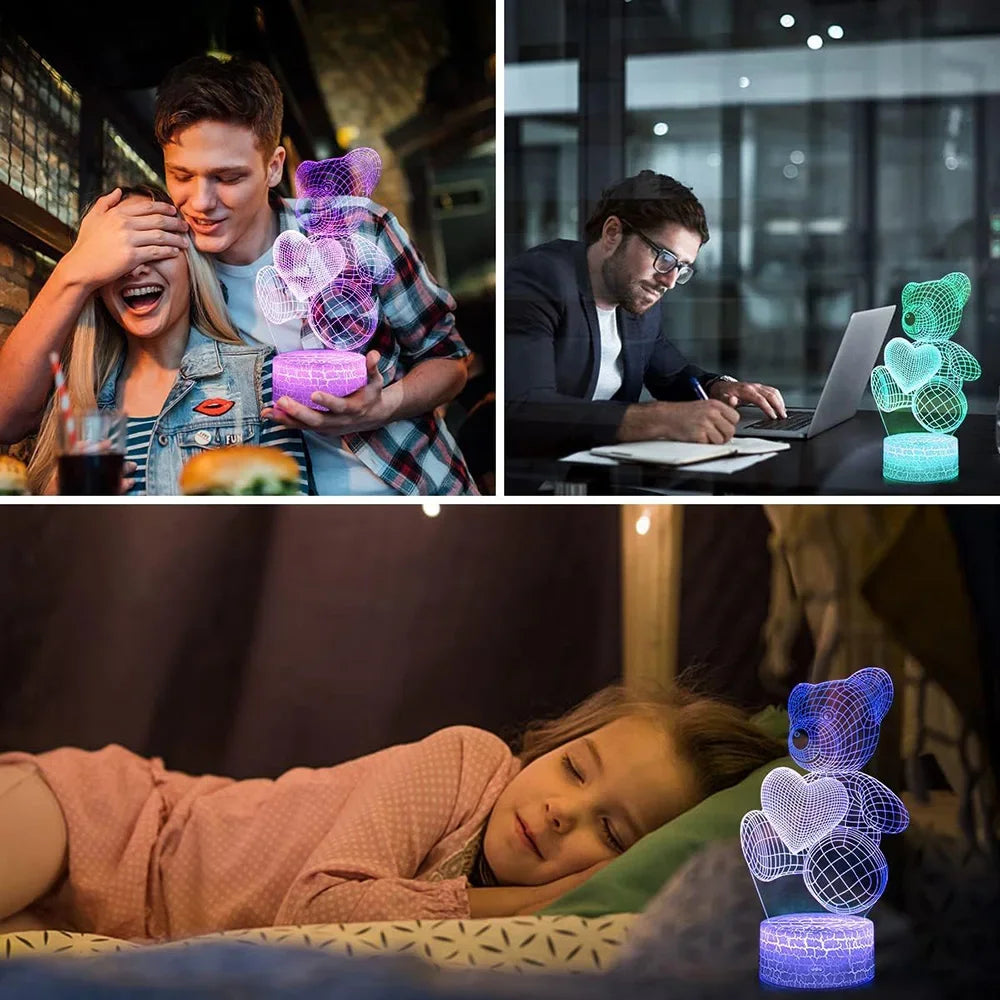 16 Colors Night Light 3D Illusion Teddy Bear Children'S LED Light Romantic Color Changing Light Valentine'S Christmas Day Gift