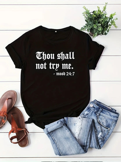 Camiseta informal de talla grande para mujer, con estampado de letras, manga corta, cuello redondo, ligeramente elástica